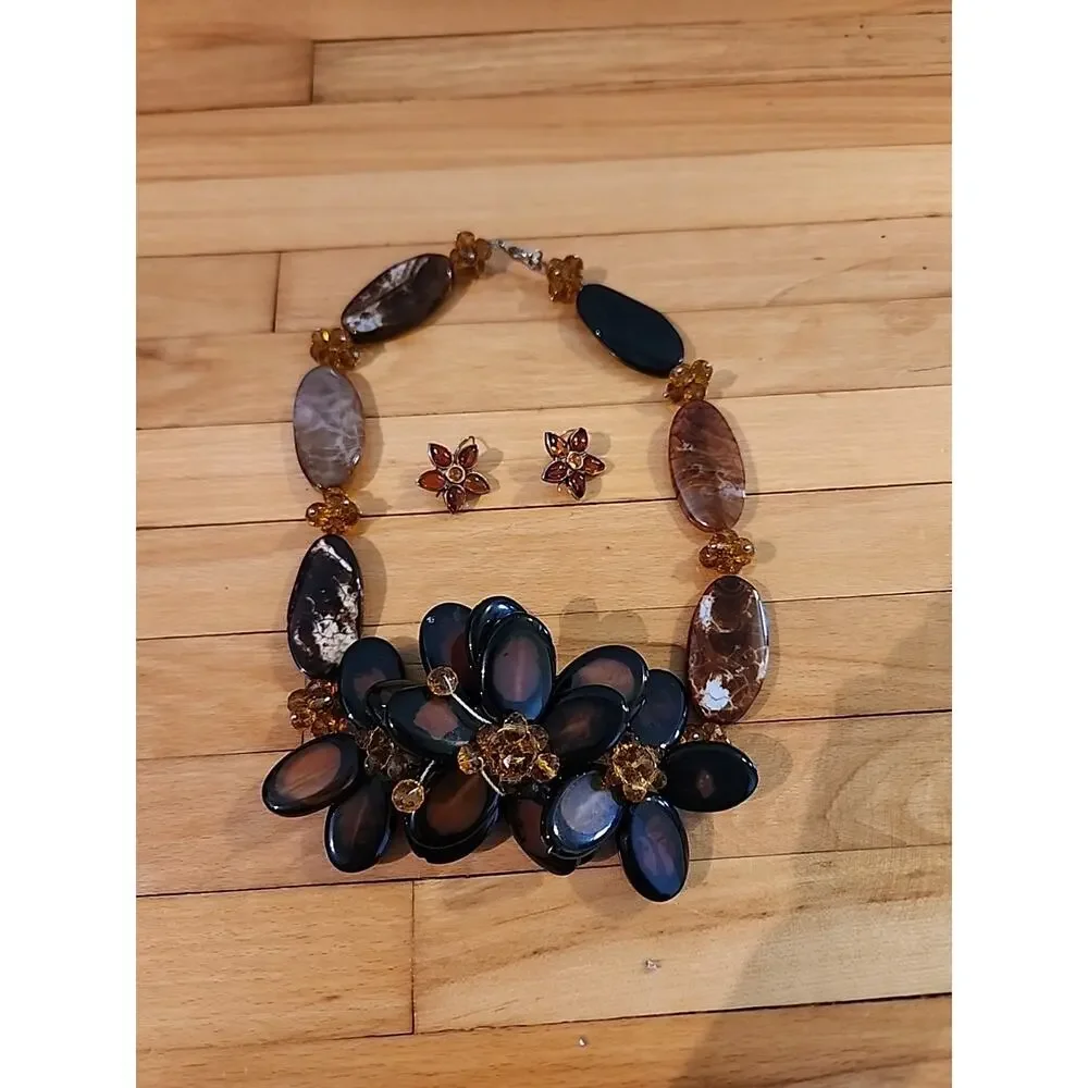 Brown Flower Beads Choker Chunky Statement Bib Collar Necklace Earrings READ